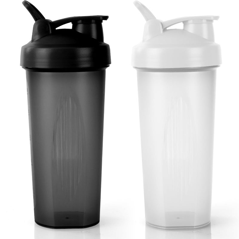 AOGOE Protein Shaker Bottle with Stainless Steel Mixing Ball 600ml, 2pcs Protein & Supplement Shaker Bottle, Leak Proof Flip Flop Lid Shake Bottle Mixer, BPA Free Protein Shake Bottle, Black + White